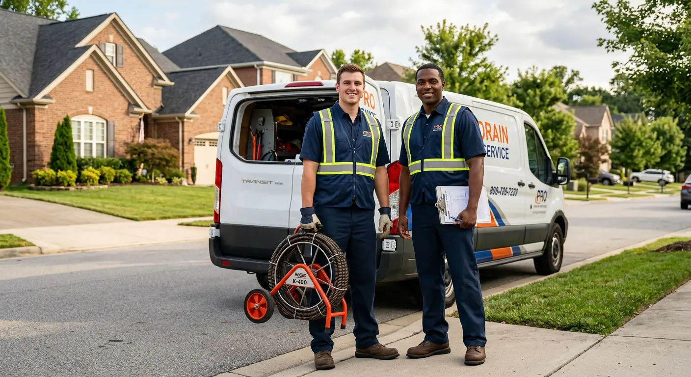 Sewer and drain service team with equipment ready for work in Augusta