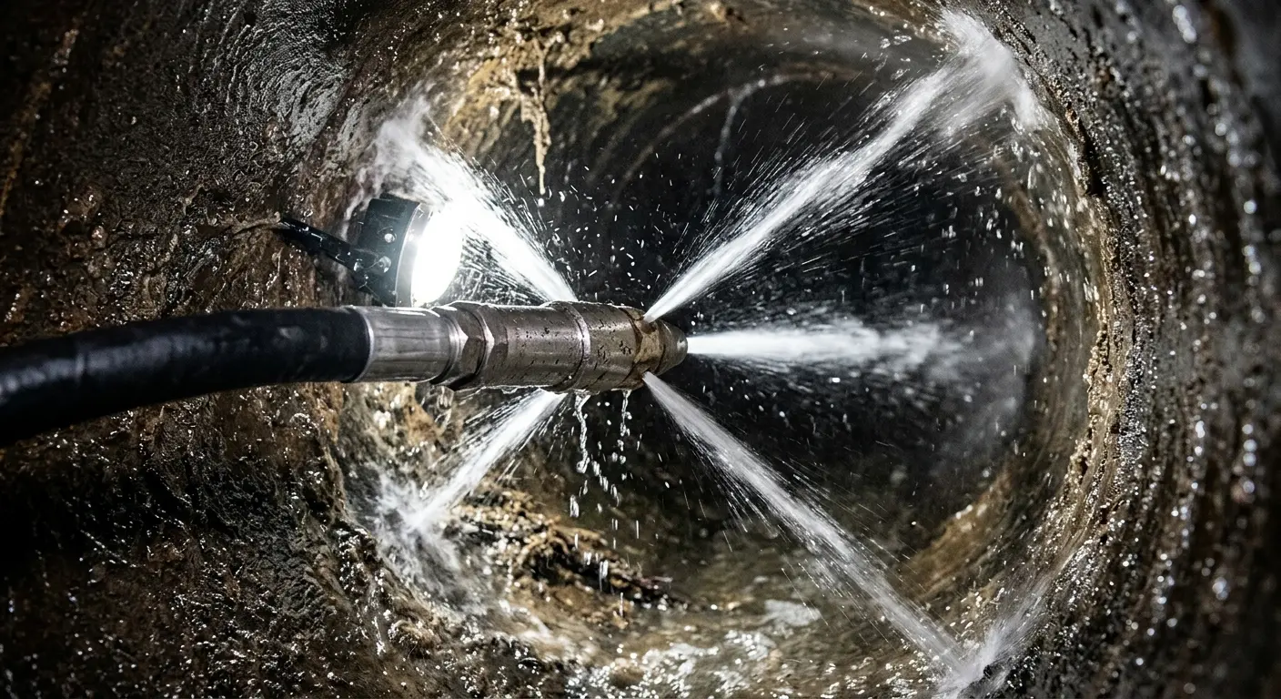 High-pressure hydro jetting nozzle cleaning sewer pipe for Emergency Drain Service in Augusta