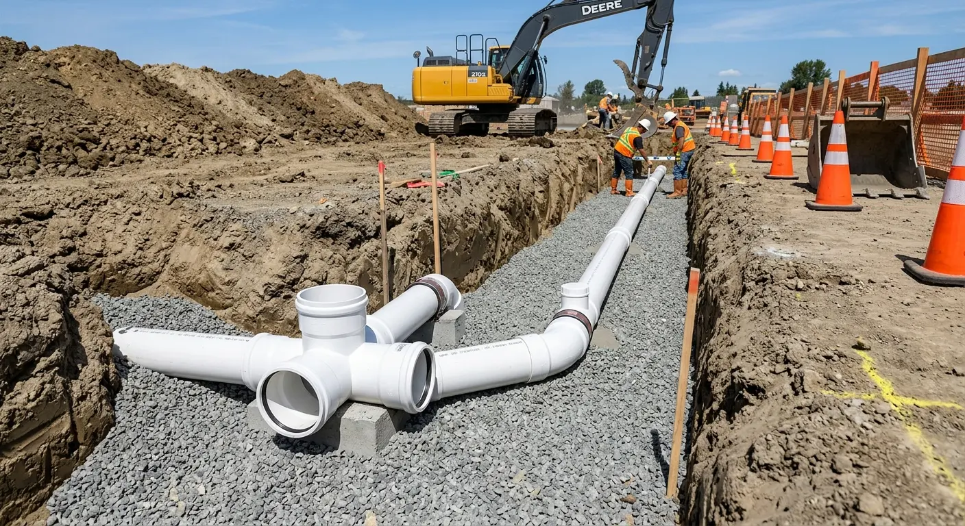 New PVC sewer pipe installation in open trench for Commercial Drain Cleaning in Augusta